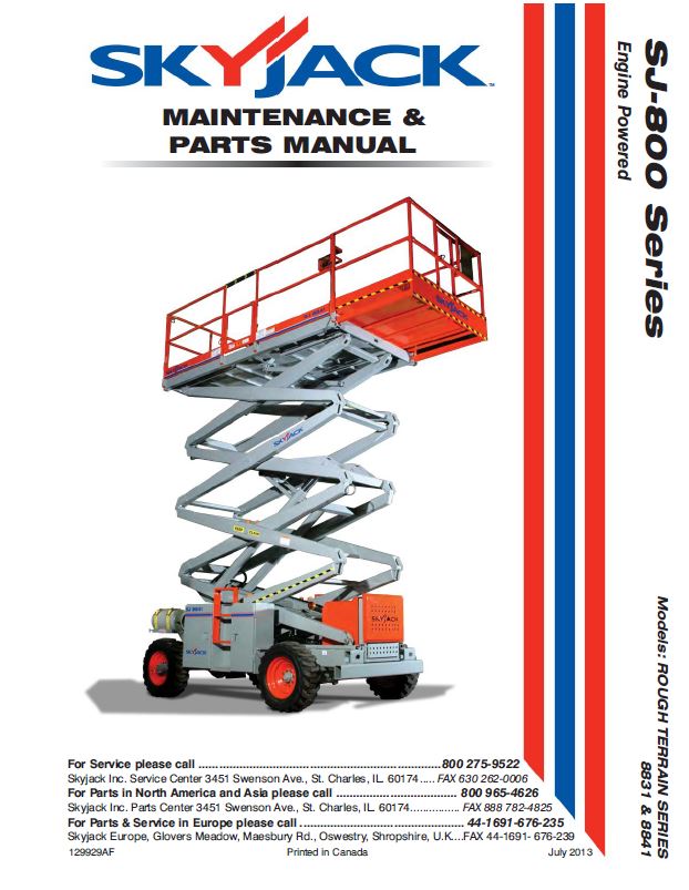 Skyjack SJ 800 Series SJ-8831 & SJ-8841 Rough Terrain Maintenance & Parts Manual